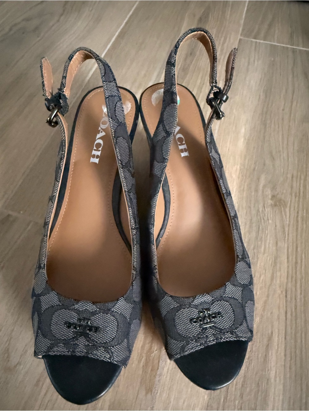 Coach Gray Signature Slingback Peep-Toe Wedges